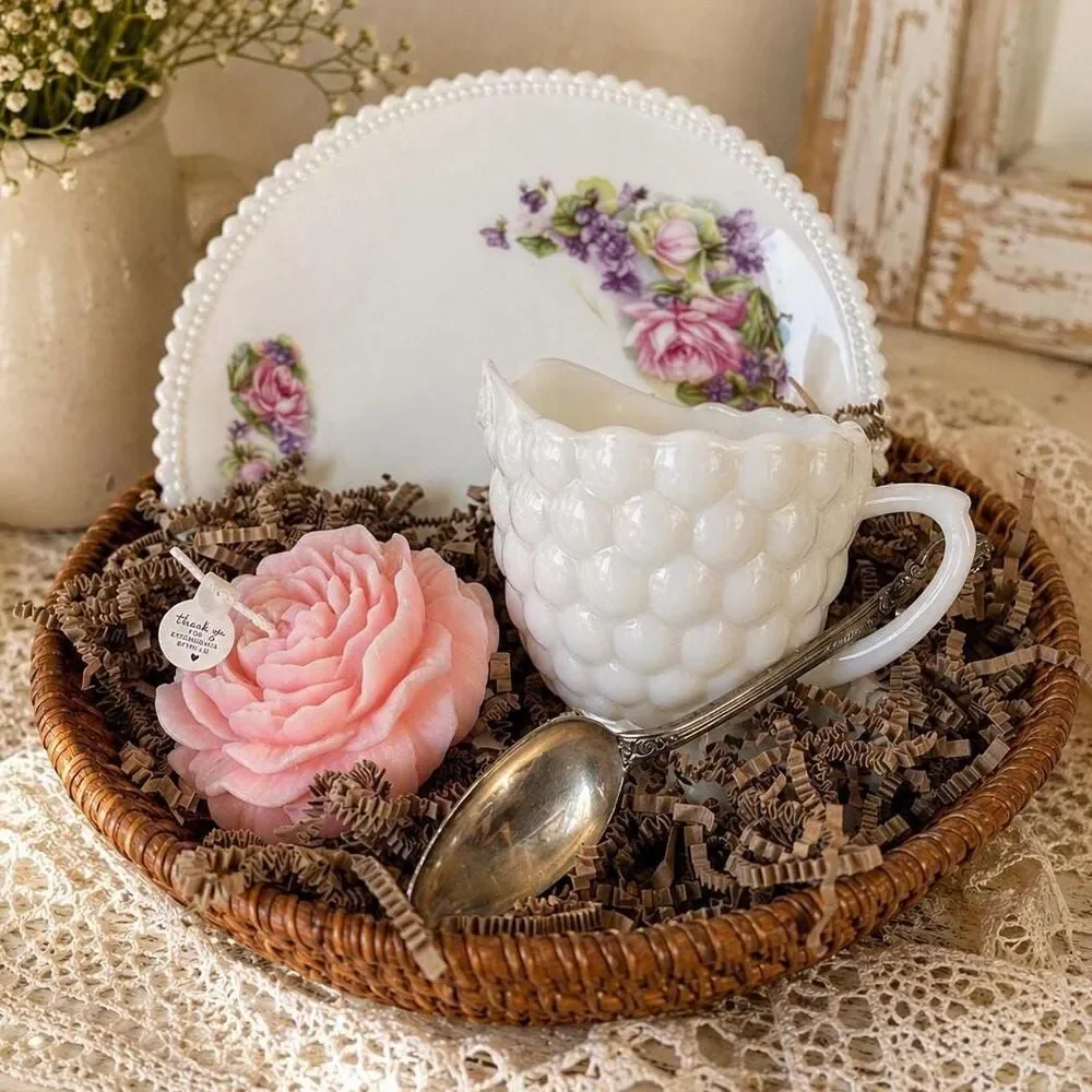 Vintage Milk Glass Creamer Gift Basket – Floral Plate, Pink Rose Candle, Cottage